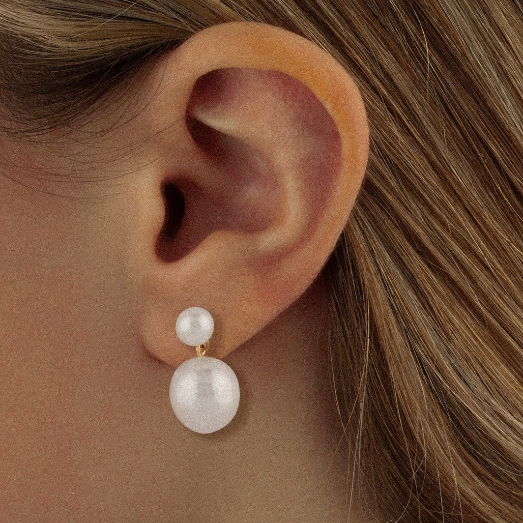 woman wearing 14k Pearl Earrings