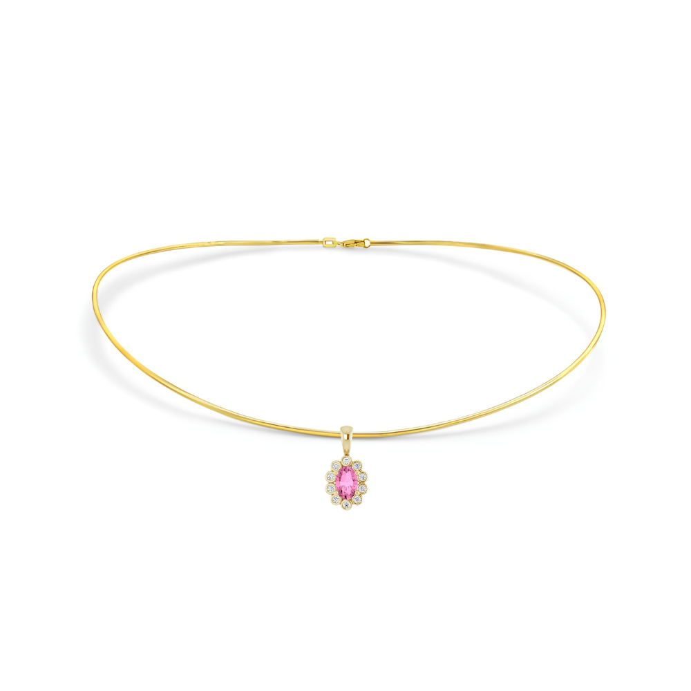 A delicate gold wire choker necklace with a small flower-shaped pendant featuring a central pink sapphire gemstone surrounded by small diamonds, displayed on a clean white background.