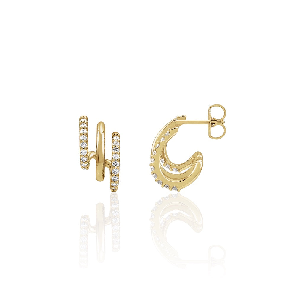 Gold hoop earrings with small diamonds on a white background