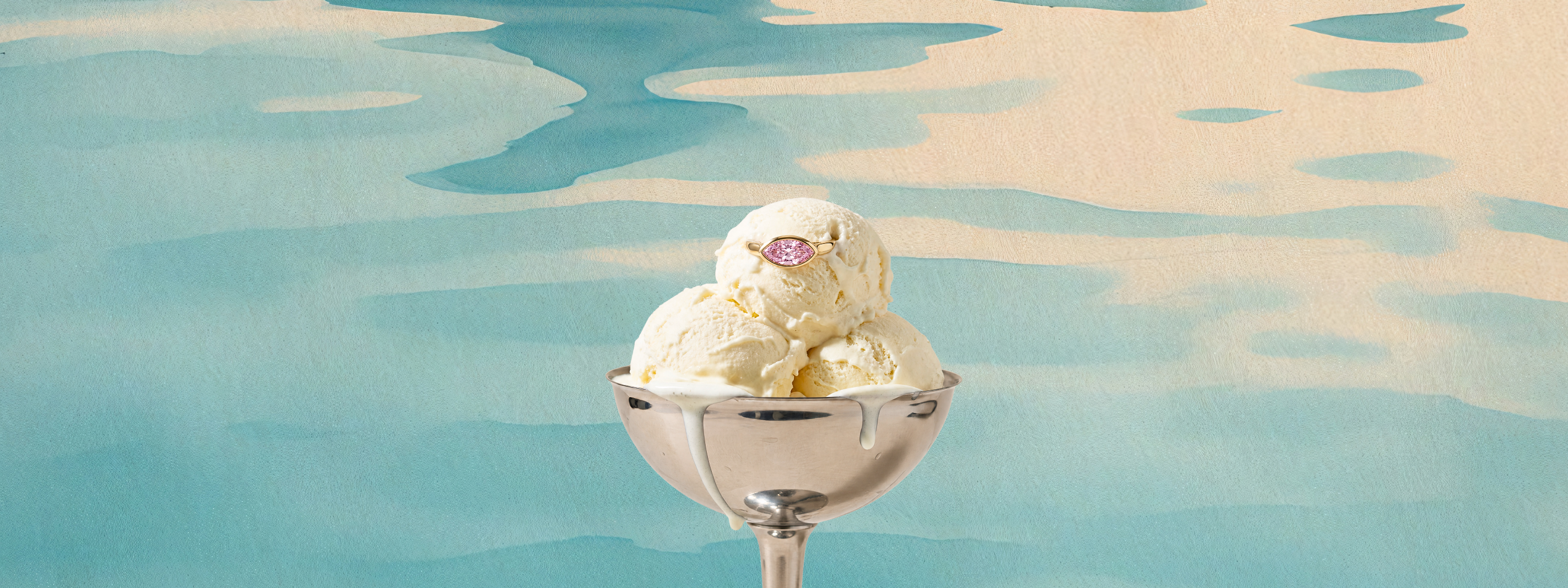 A silver ice cream sundae stand holding two scoops of vanilla ice cream with a small pink sapphire marquise ring, set against a stylized blue and beige background resembling water ripples.