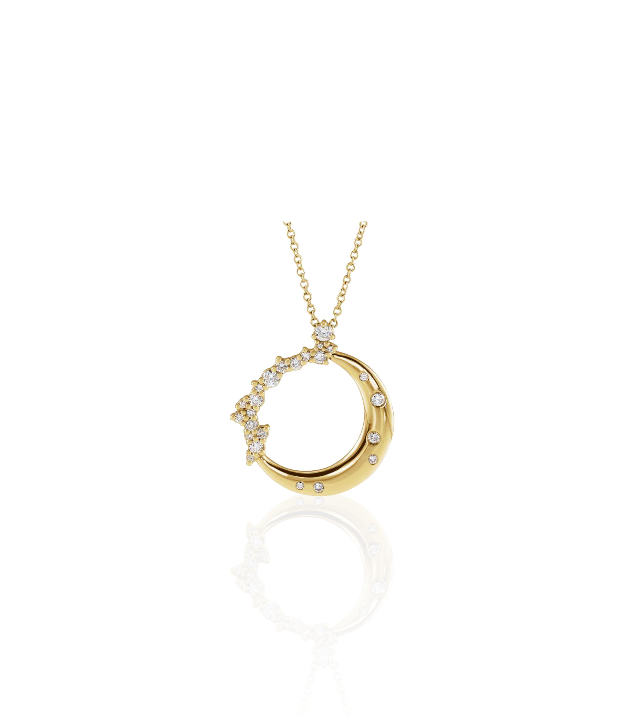Moon shaped 14k gold necklace with diamonds on a gold chain