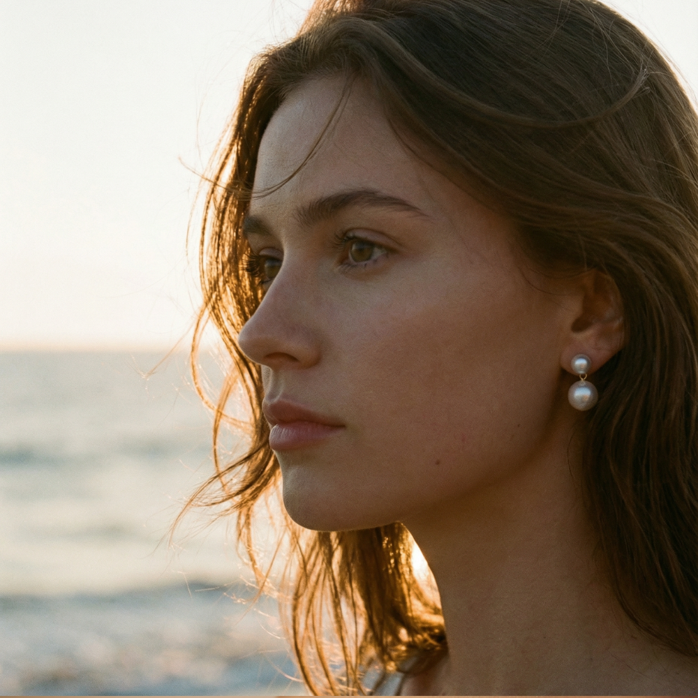 Woman with pearl earrings looking towards the ocean at sunset