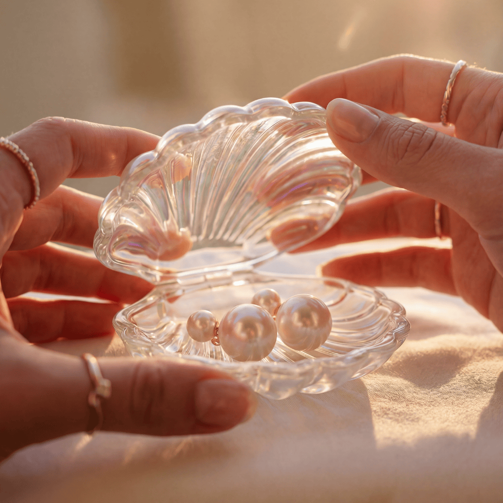 Clear shell-shaped jewelry box with pearl earrings held by hands against a warm, blurred background