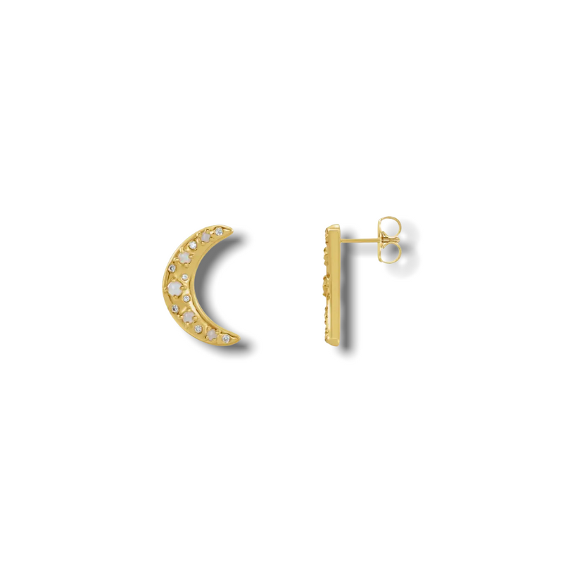 Opal & Diamond Crescent Moon Earrings - YAREMA JEWELRY