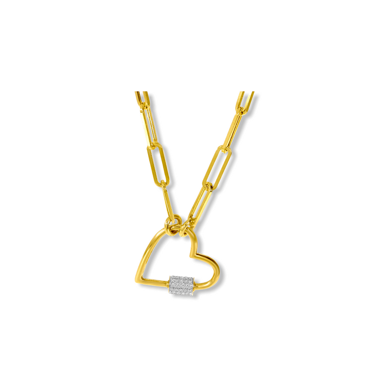 Diamond Heart Lock Pendant with Paperclip Chain - YAREMA JEWELRY