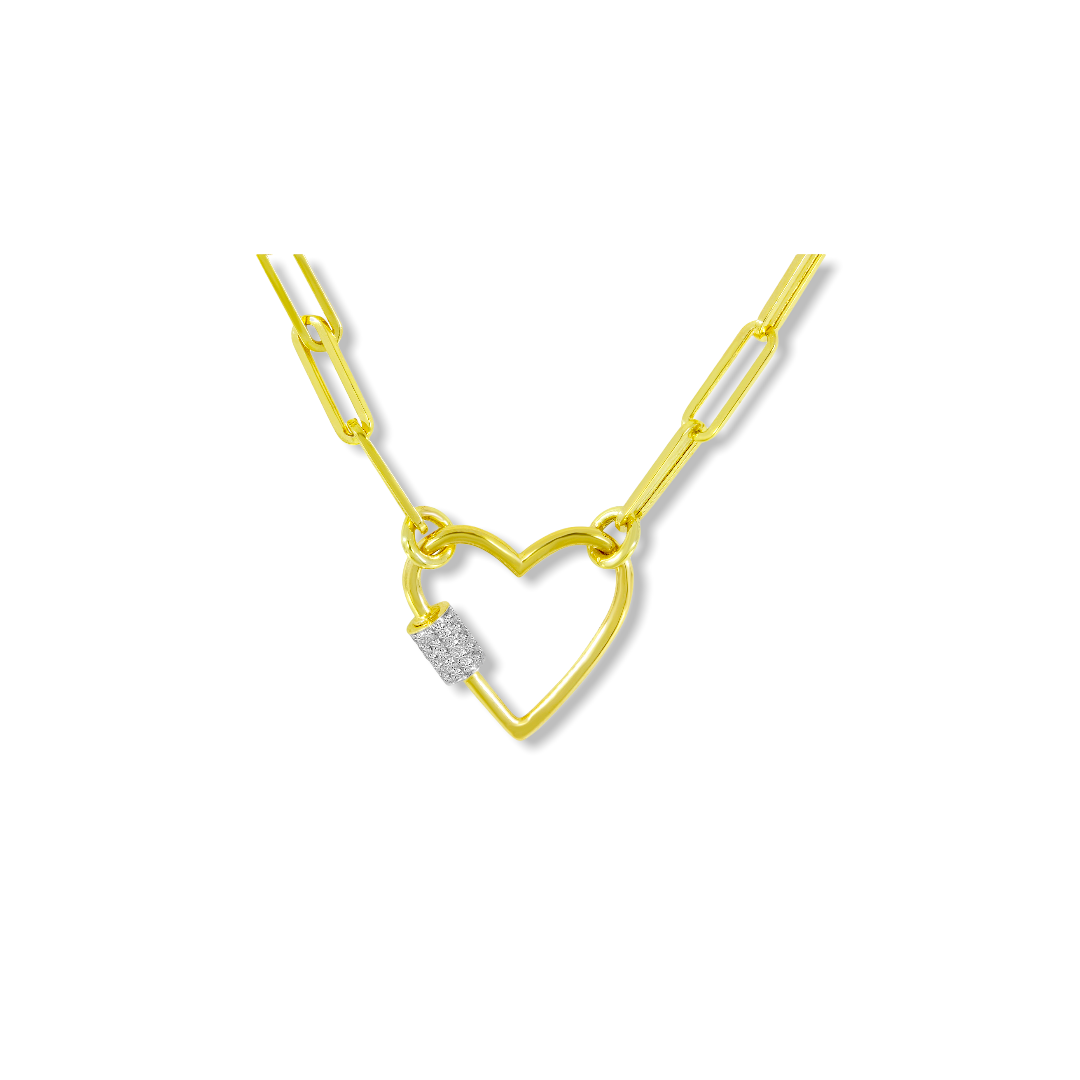 Diamond Heart Lock Pendant with Paperclip Chain - YAREMA JEWELRY