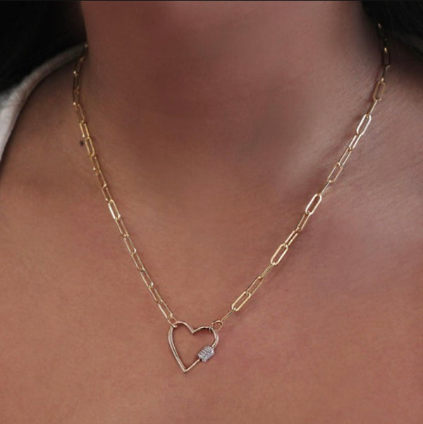 Diamond Heart Lock Pendant with Paperclip Chain